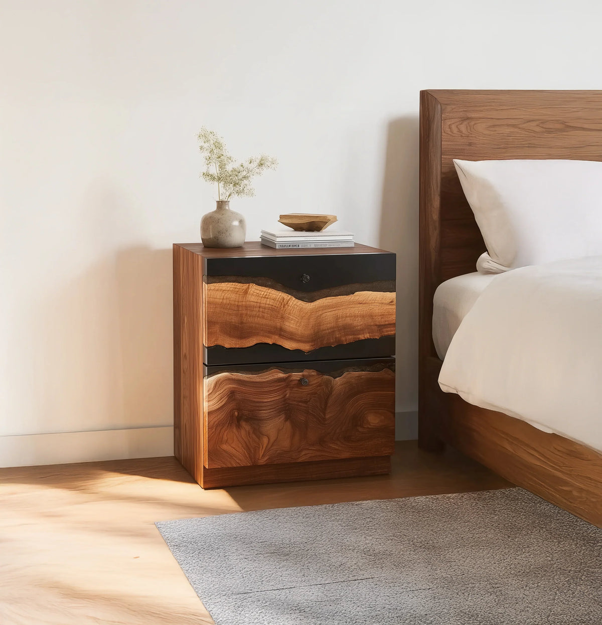 Live edge solid wood nightstand with two drawers beside a bed in a modern bedroom