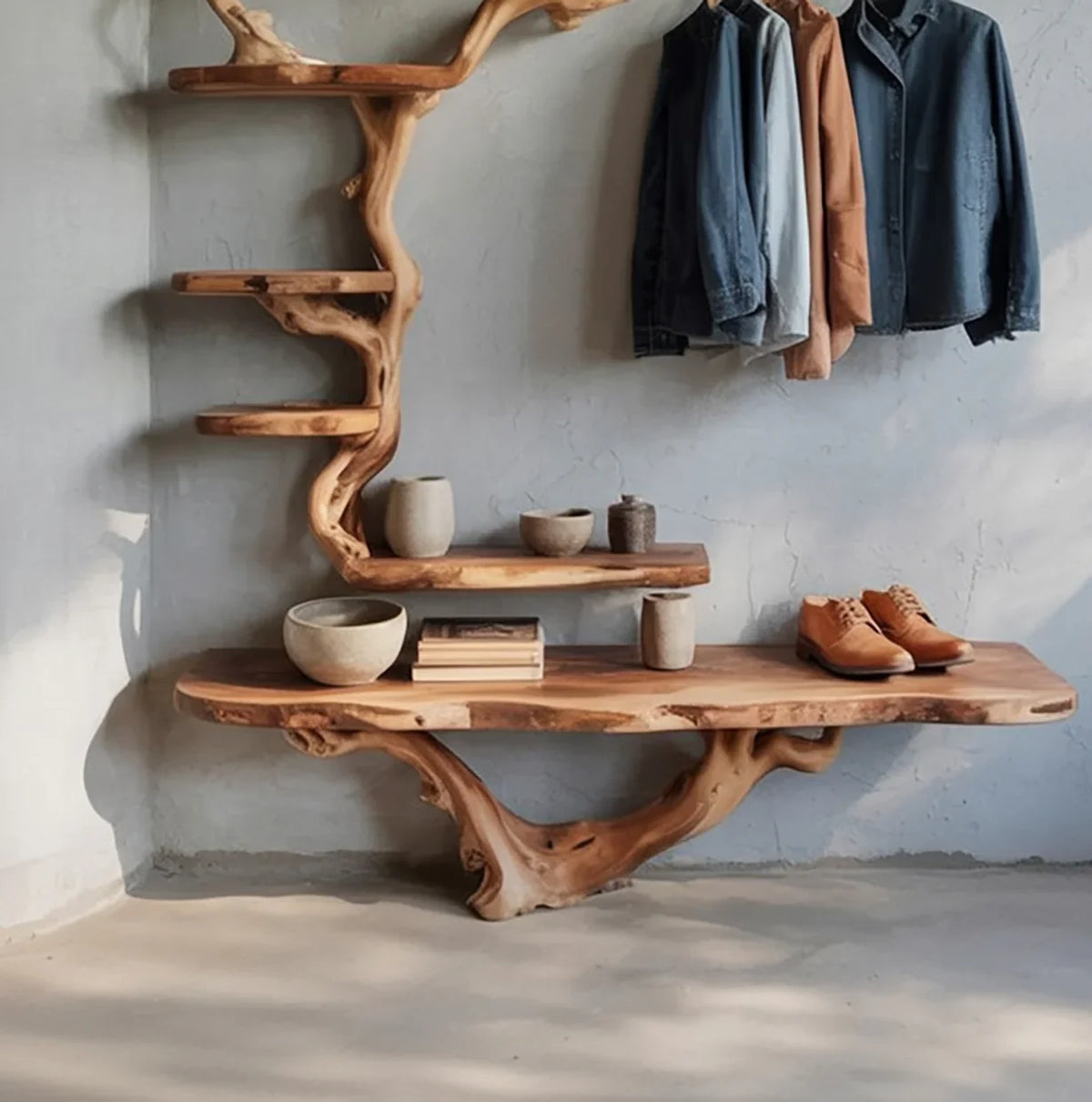 Live edge solid wood hallway organizer with tree branch shelves, coat hooks, and minimalist decor.