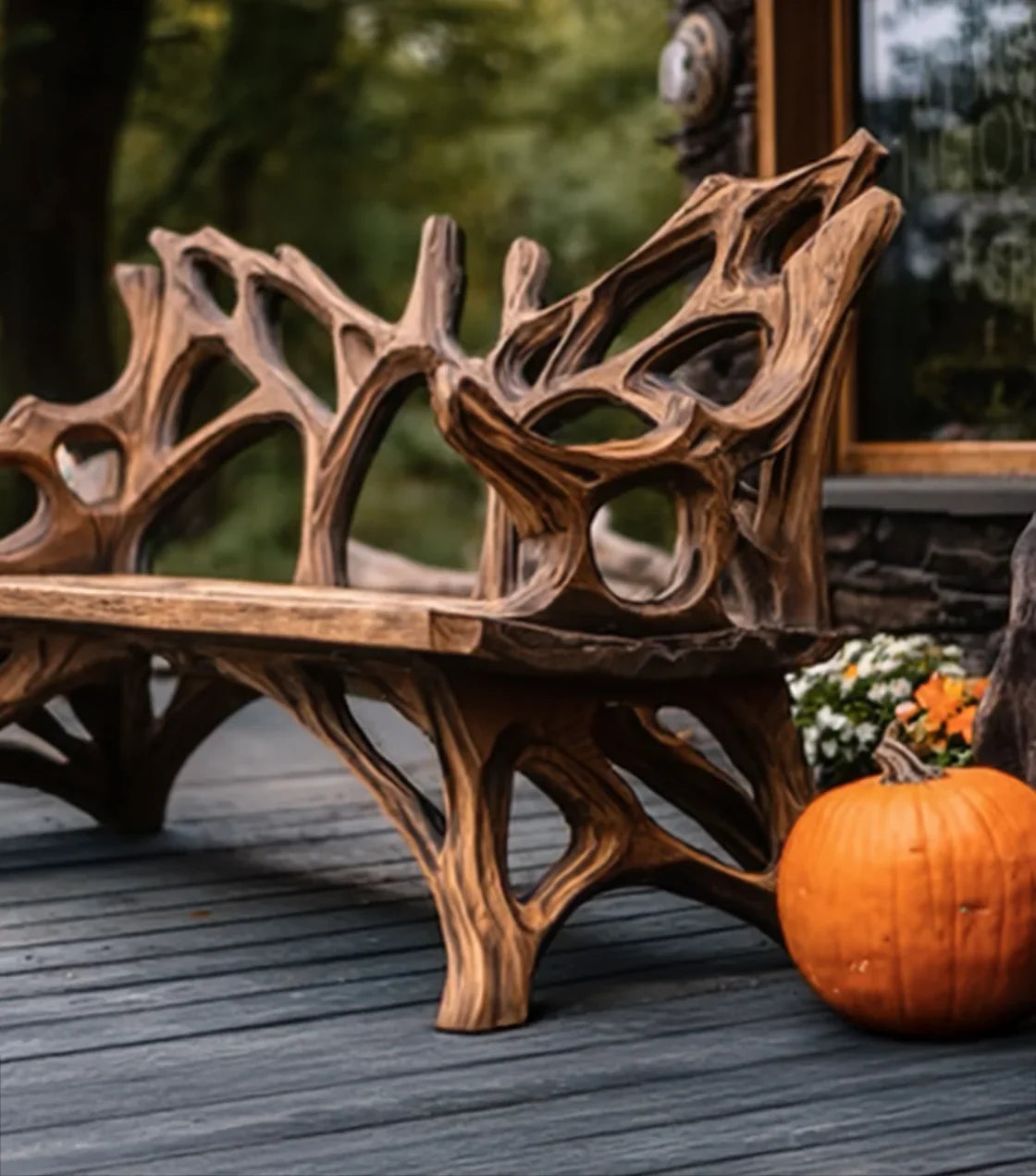 Rustic wooden bench with intricate branch design on a porch with pumpkin and flowers