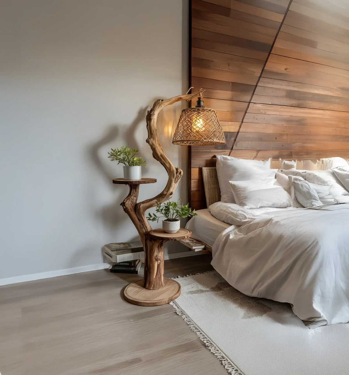 Live edge solid wood bedside table with potted plants and lamp in cozy bedroom
