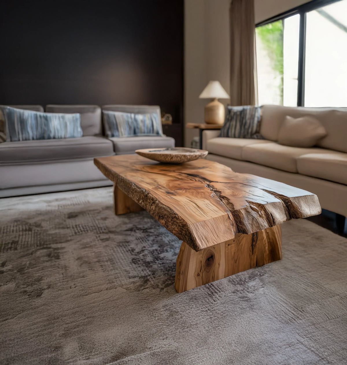Living room with natural wood coffee table, beige and gray sofas, decorative pillows, and a lamp