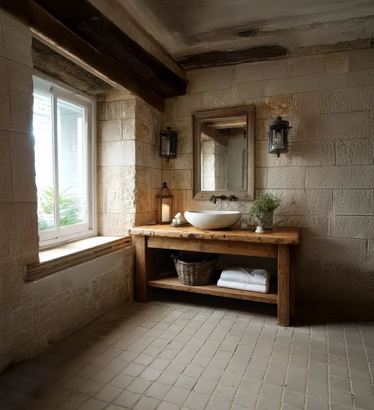 Rustic bathroom with stone walls, wooden vanity, round white vessel sink, mirror, and window with natural light