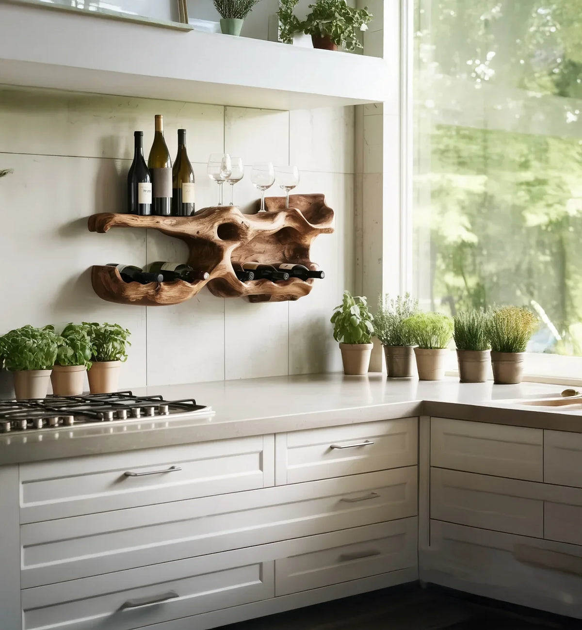 Live edge wooden wine rack with wine bottles and glasses in a modern kitchen with potted herbs