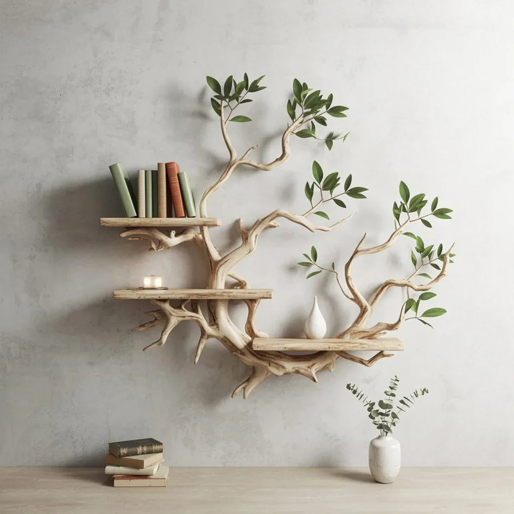 Wall-mounted wooden branch shelf with books, candles, and vase, minimalist decor with green leaves
