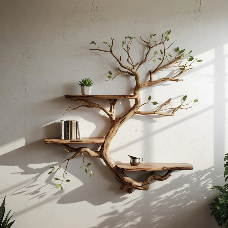 Unique tree branch wall shelf with small plant, books, and metal pitcher in natural light