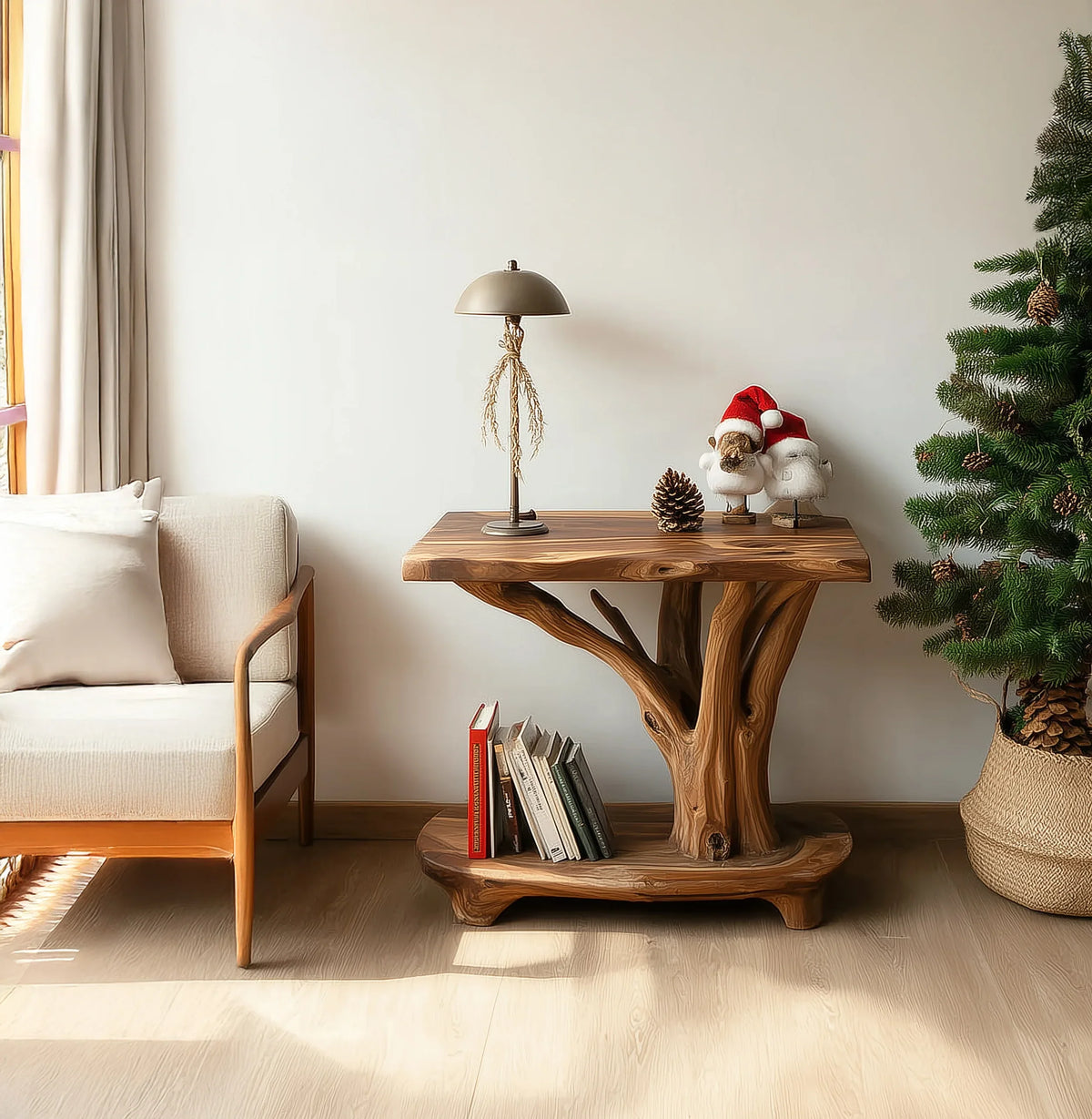 Solid wood live edge console table with tree-inspired base, lamp, books, and Christmas decor