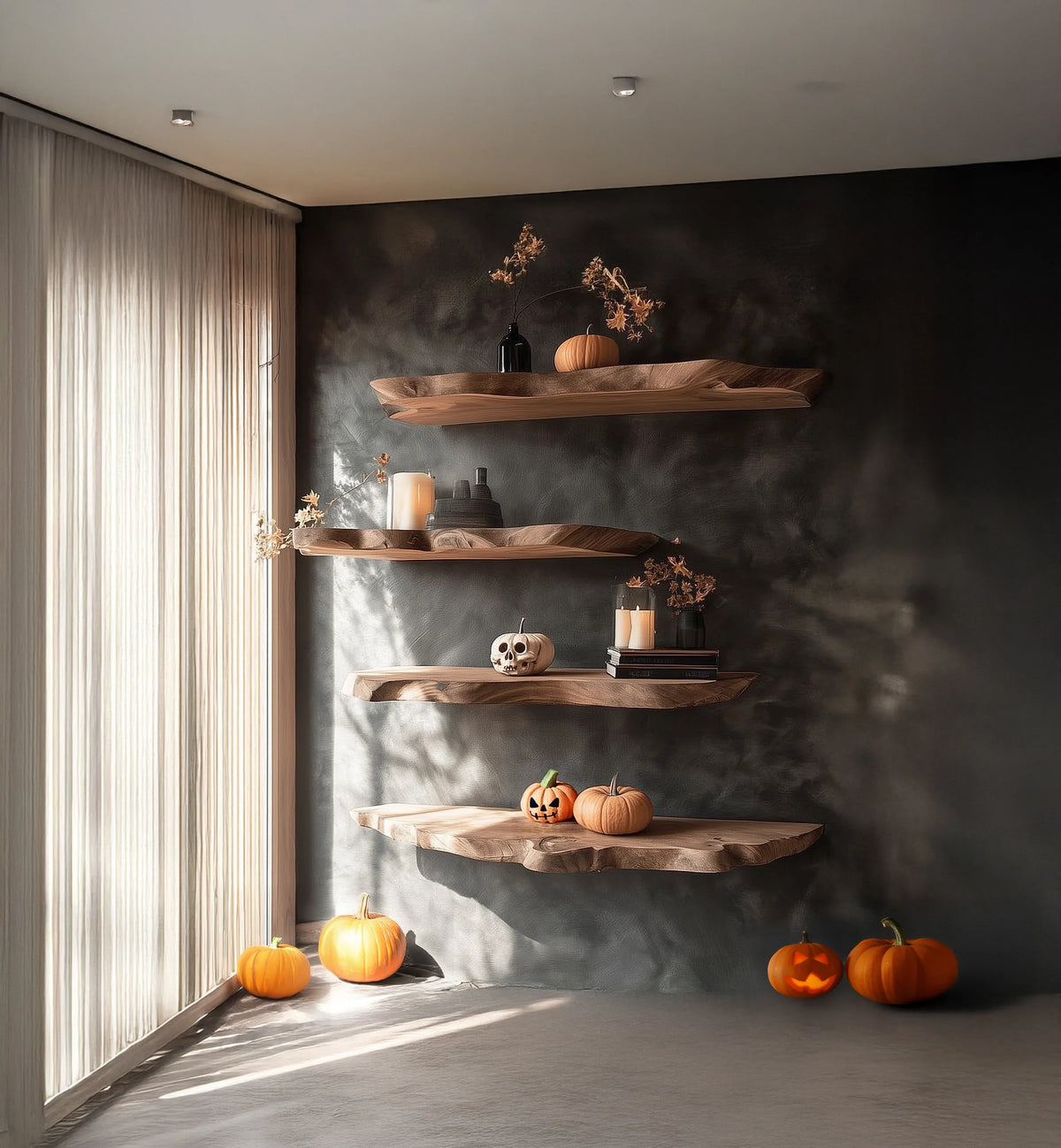 Minimalist Halloween decor with pumpkins, carved jack-o'-lantern, candles, and dried leaves on wooden shelves