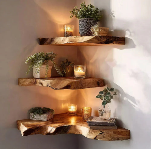 Handcrafted Live Edge Corner Shelf – Solid Wood Floating Wall Shelf