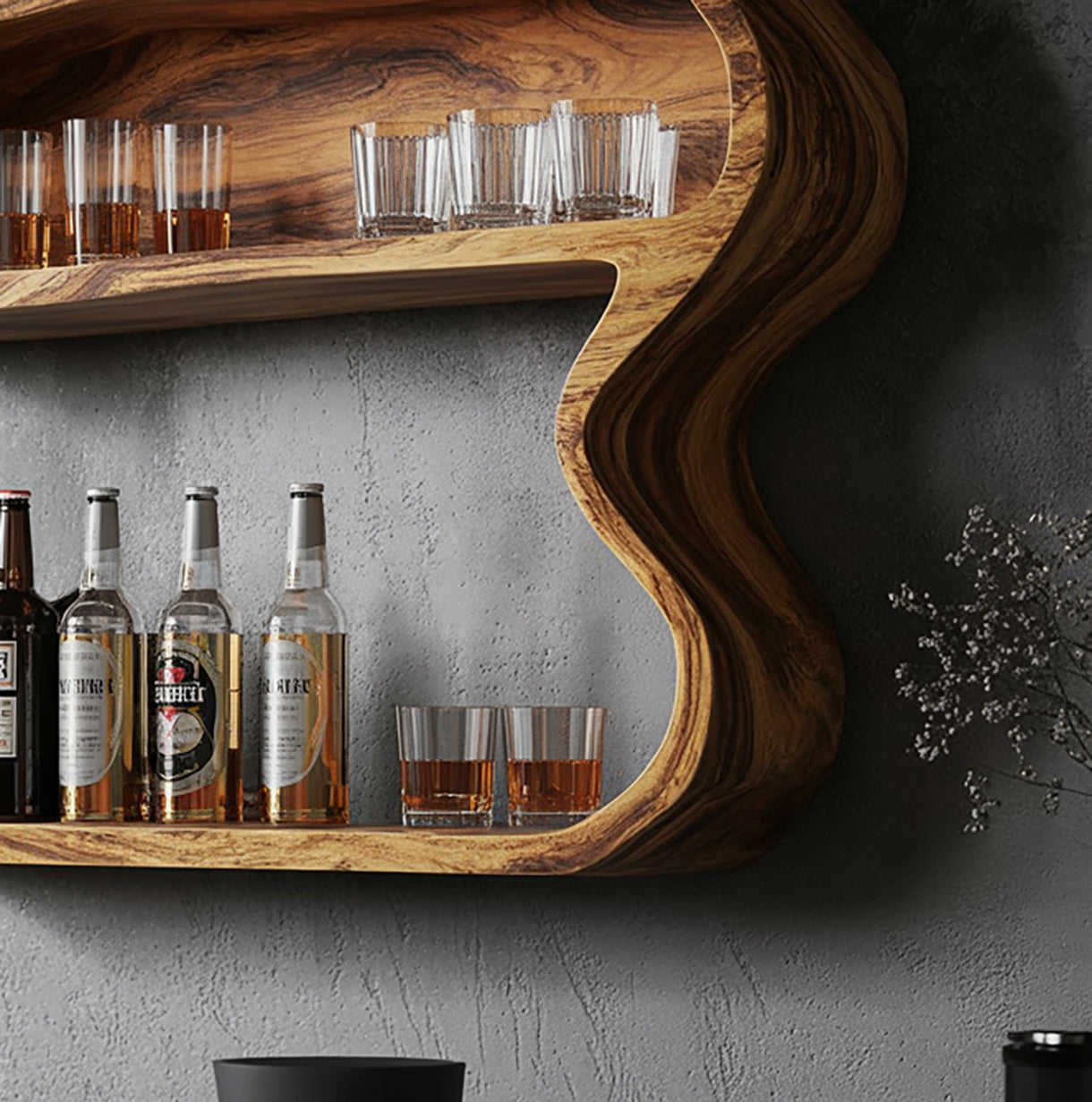 Handcrafted Bar Wall Shelf – Floating Live Edge Home Bar, Rustic Farmhouse Kitchen Decor