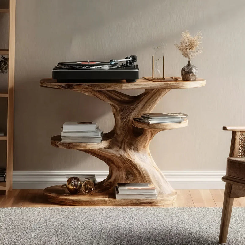 Modern living room with sculptural wooden console table holding vinyl record player, books, decor