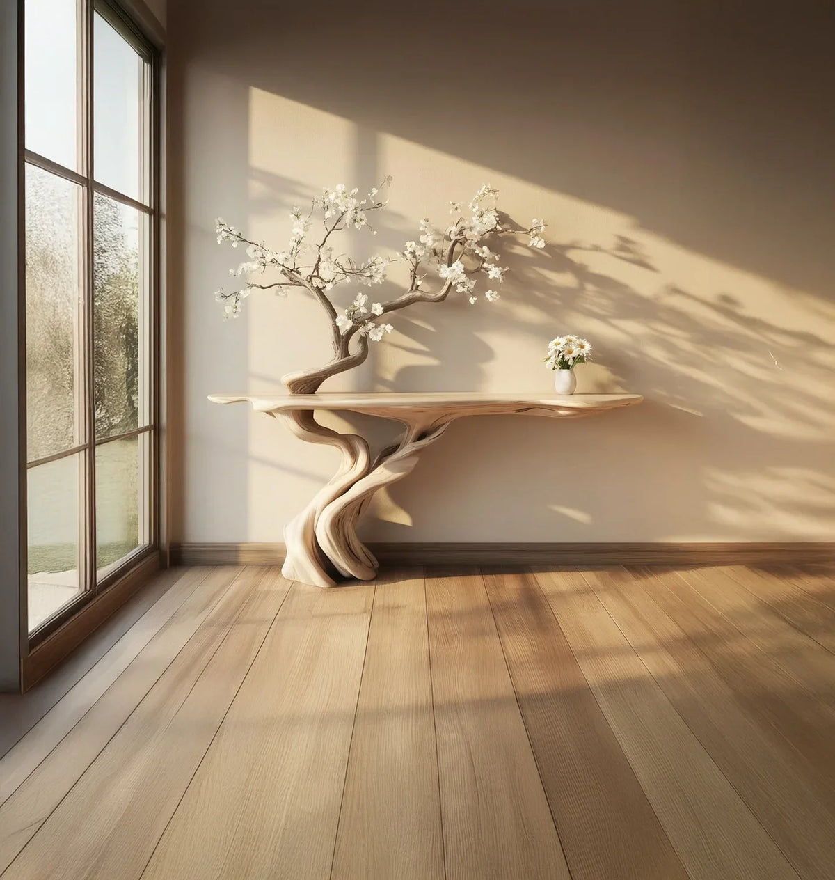 Elegant wooden table with sculpted tree design and white blossoms near large window in sunlit room