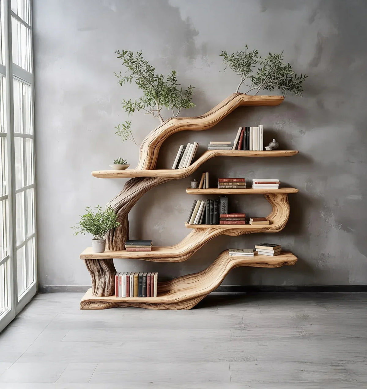 Live edge tree bookshelf with plants and books against a gray wall, natural wood shelves