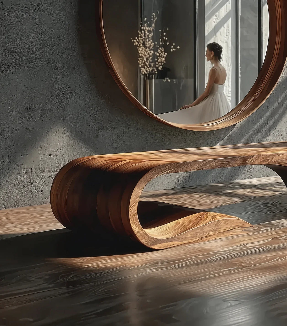 Modern wooden bench with curved design in sunlit room featuring a round mirror reflecting a woman in a white dress