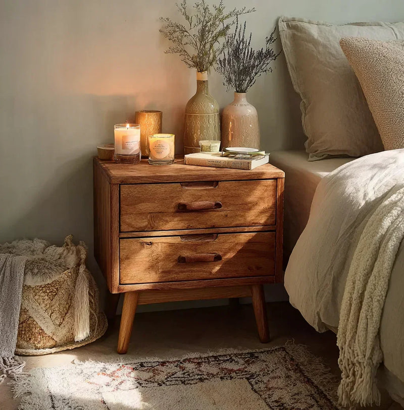 Solid wood bedside table with candles and ceramic vases in a cozy bedroom setting