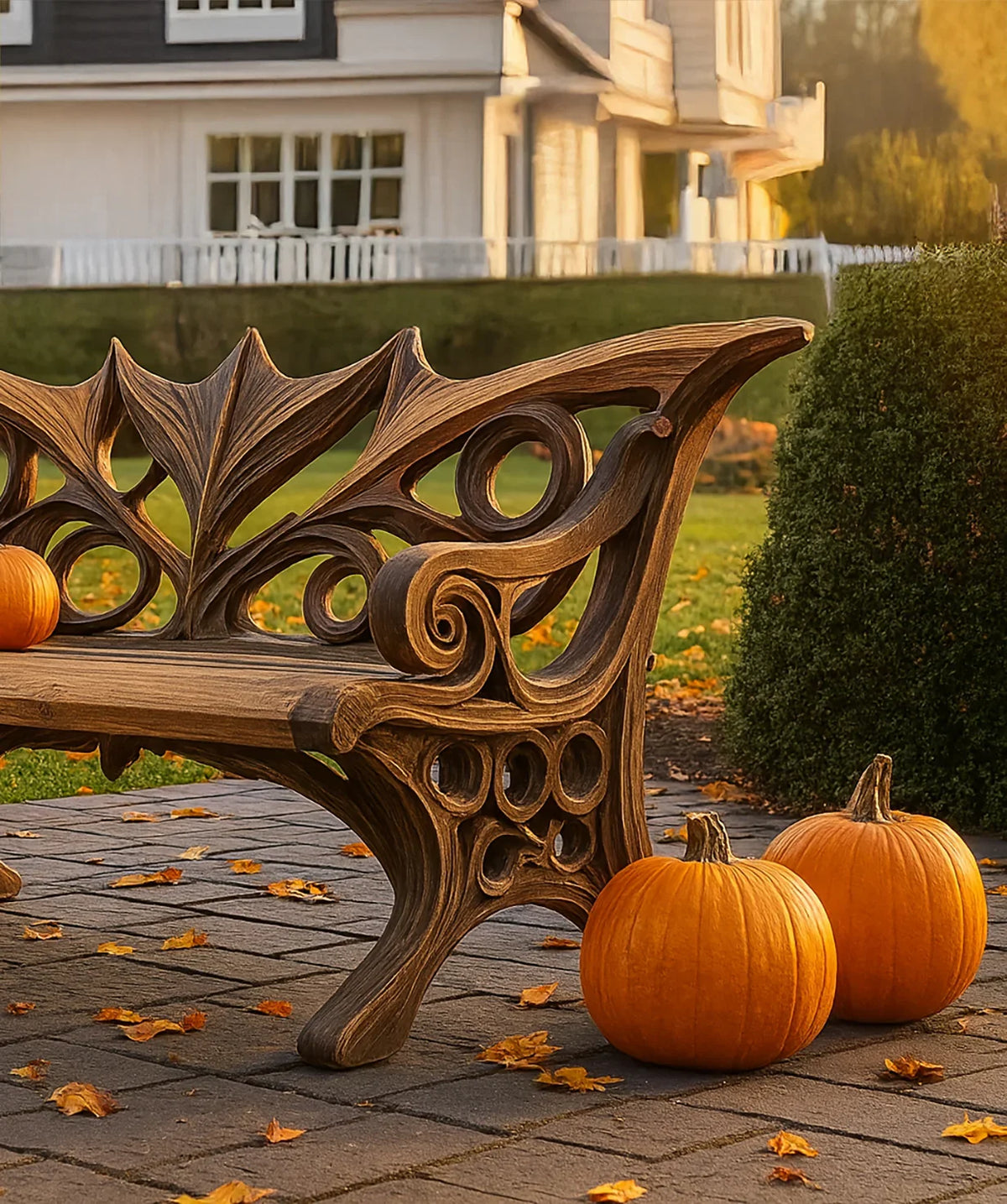 Ornate wooden garden bench with carved design surrounded by pumpkins and autumn leaves