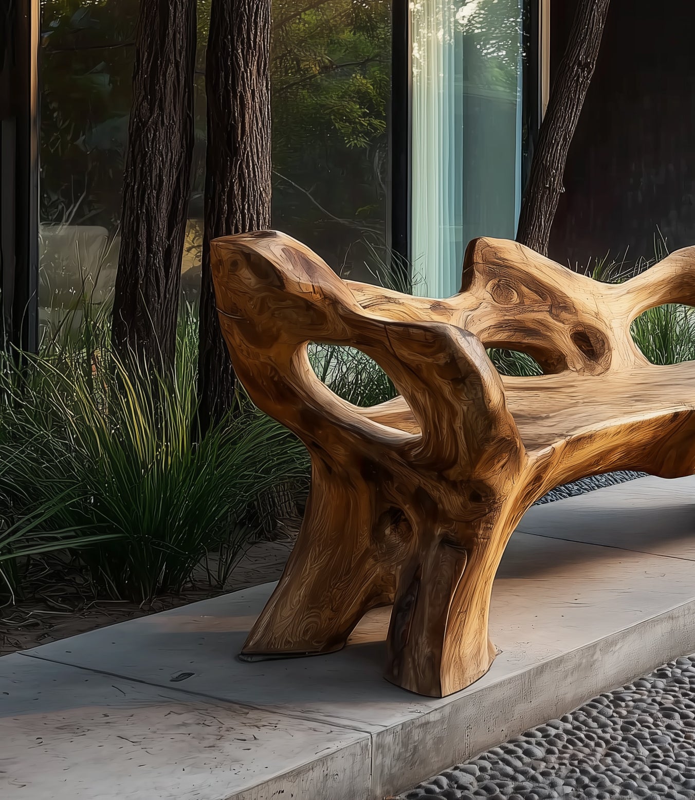 Unique sculptural wooden bench on concrete patio surrounded by greenery and trees