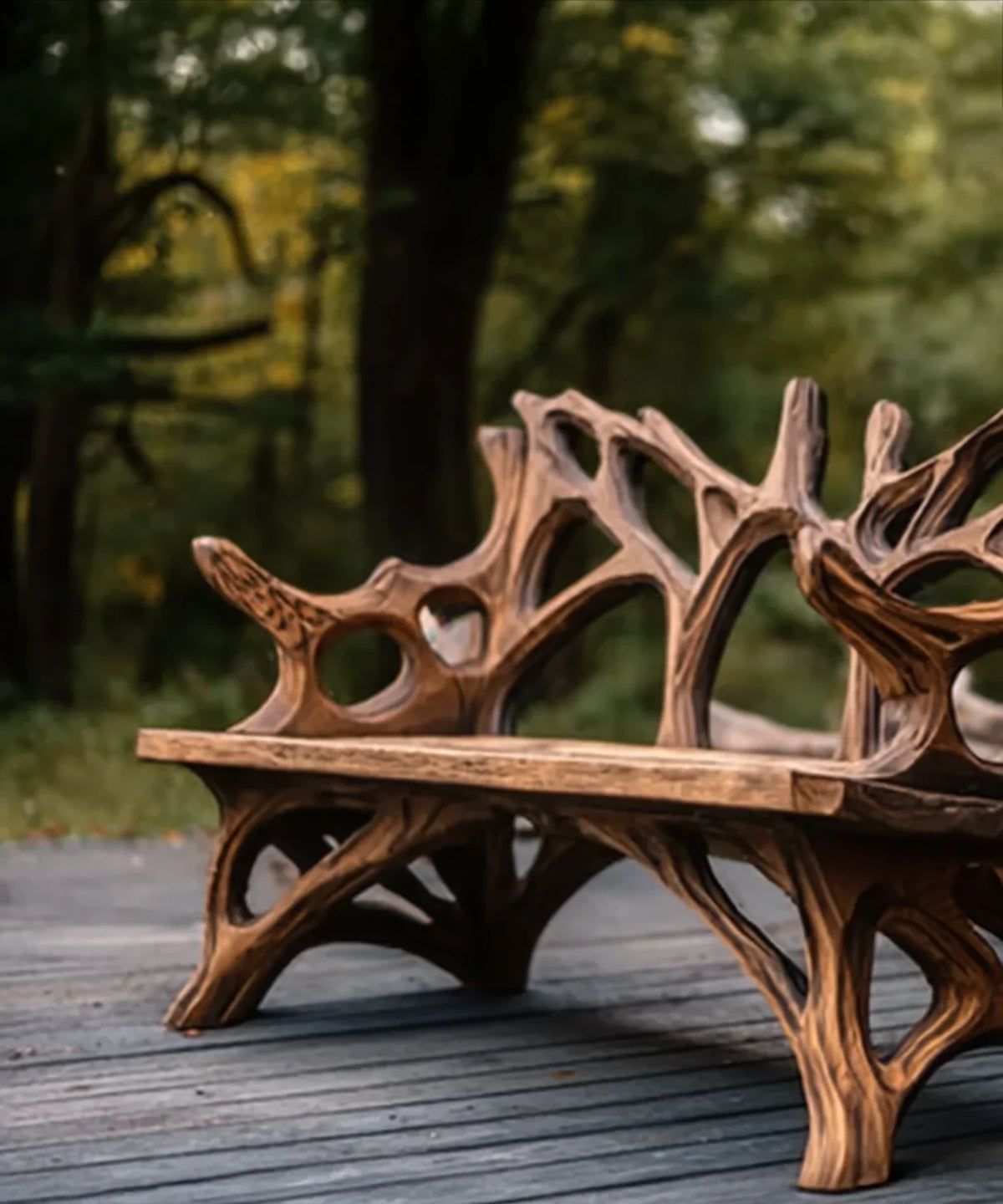 Handcrafted wooden bench with intricate branch-like design on outdoor wooden deck in natural forest setting