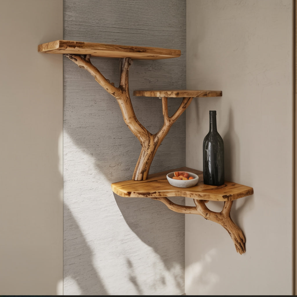 Wall-mounted natural wood corner shelves with decorative bowl of fruit and dark bottle in minimalist room