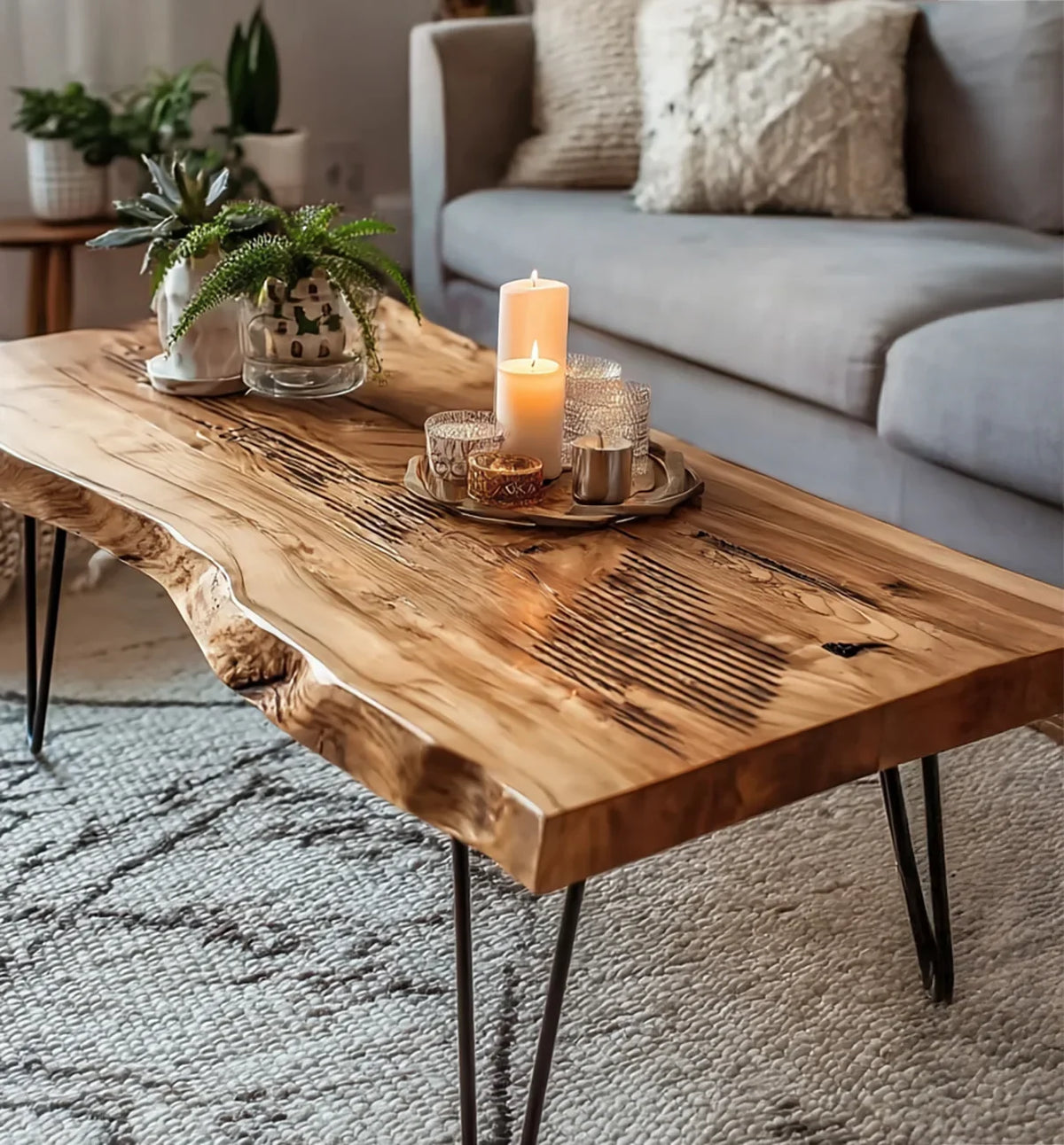 Live edge wooden coffee table with candles and potted plants in modern living room