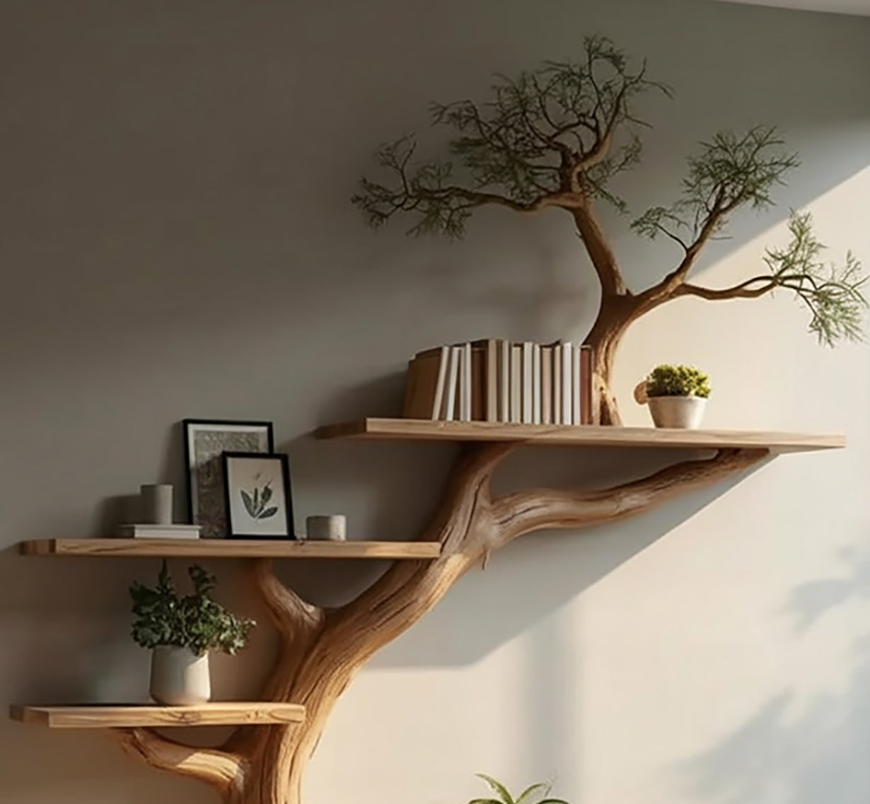 Tree bookshelf with floating wooden shelves, books, plants, and wall decor in natural light.
