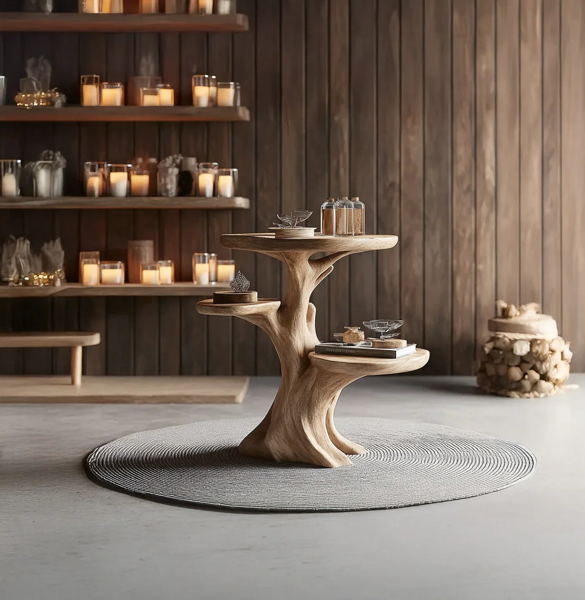 Solid wood tree-shaped bookshelf table on a round rug, with candles on shelves in the background.