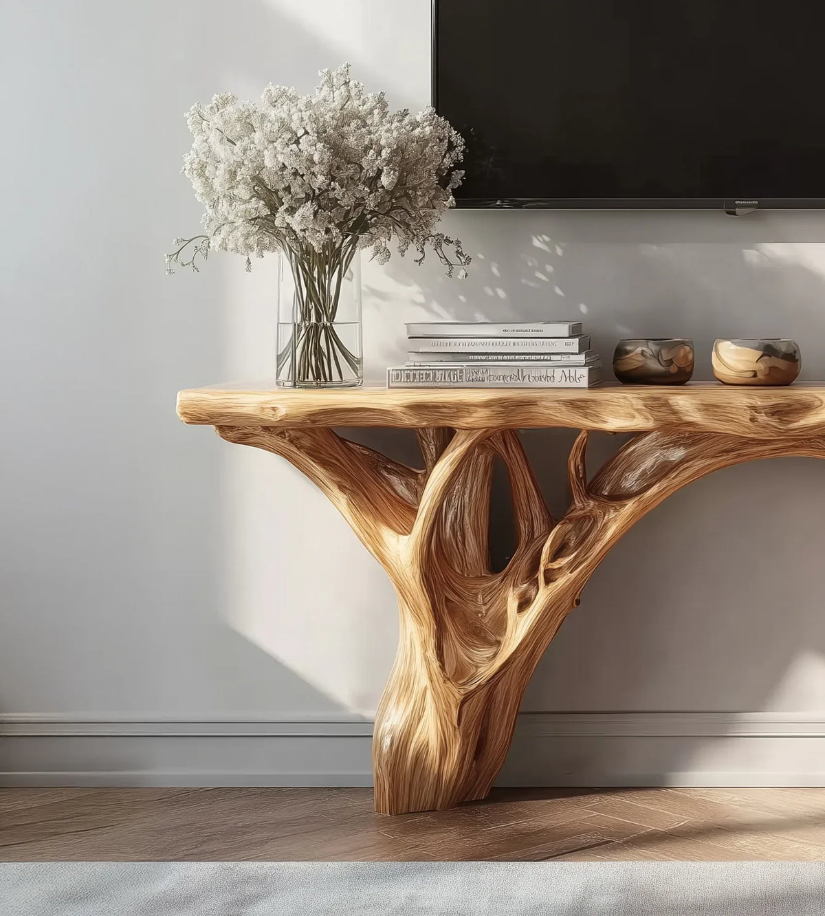 Live edge solid wood console table with natural branch base, vase of flowers, books, and decor bowls