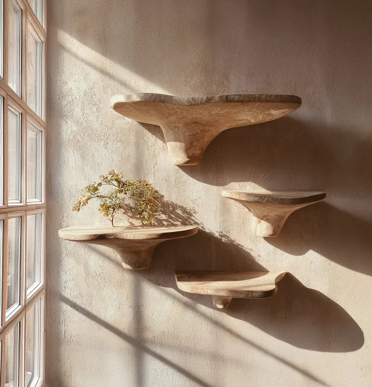 Natural wood floating shelves on sunlit beige wall, with small branch in glass vase