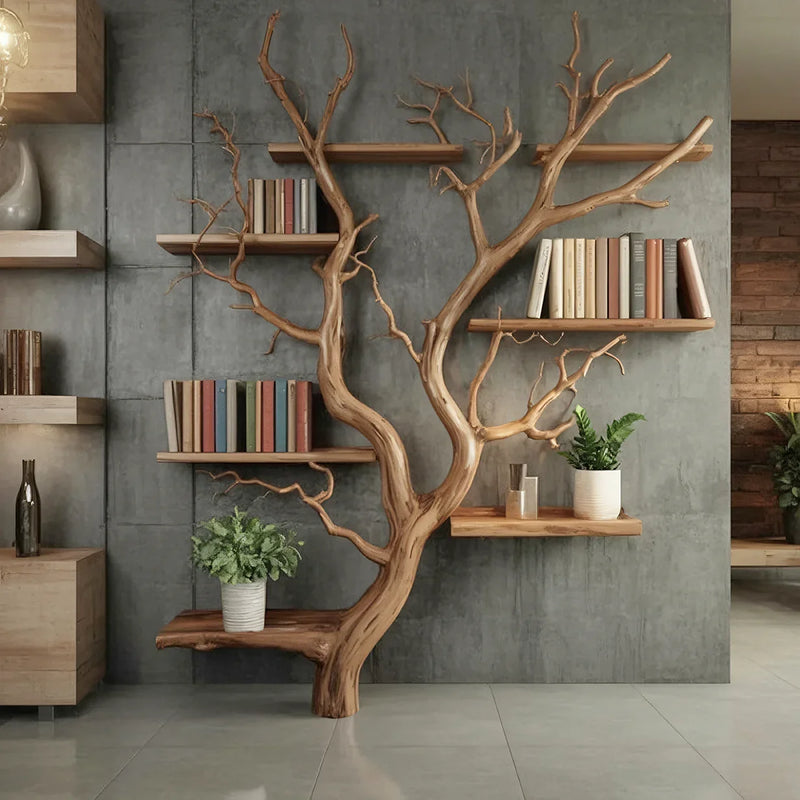 Modern living room with wooden branch-shaped bookshelf holding books and potted plants against concrete wall