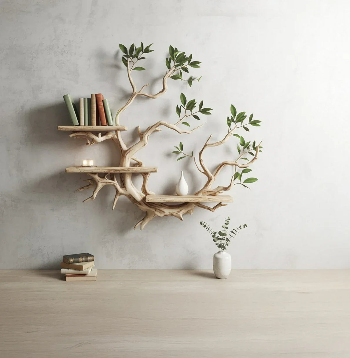 Wall-mounted wooden tree branch shelves with green leaves, books, candles, and a white vase