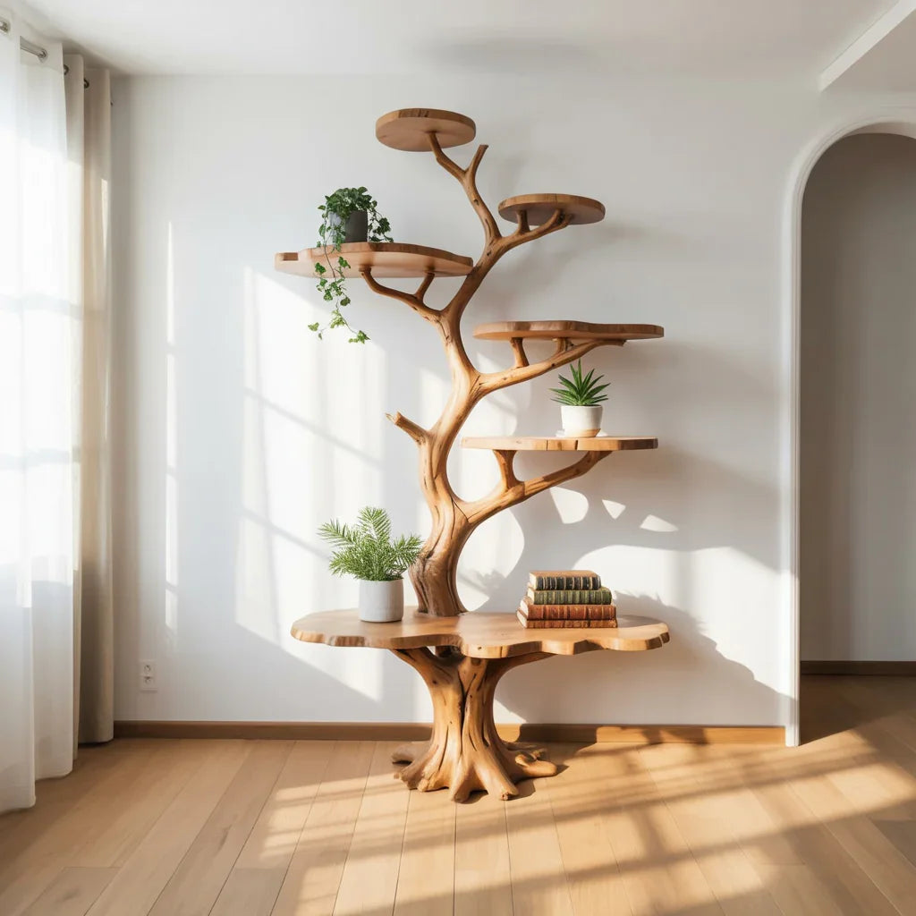 Tree-shaped solid wood bookshelf with live edge shelves holding plants and books in a bright room.