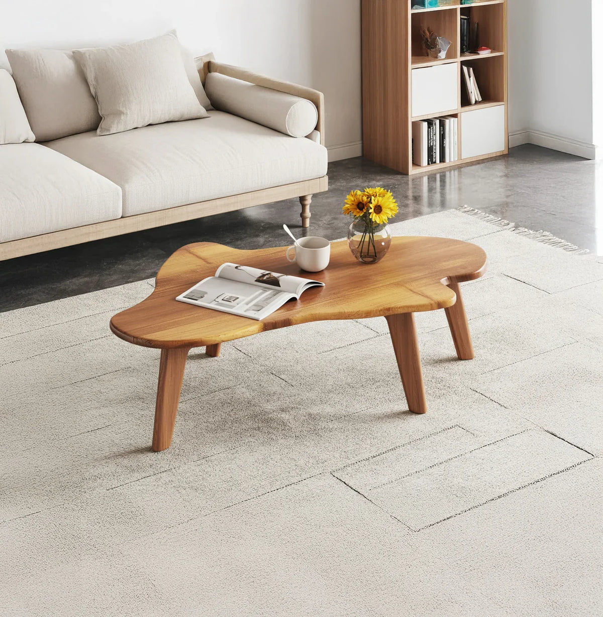 Solid wood live edge coffee table in modern living room with sunflowers and magazine