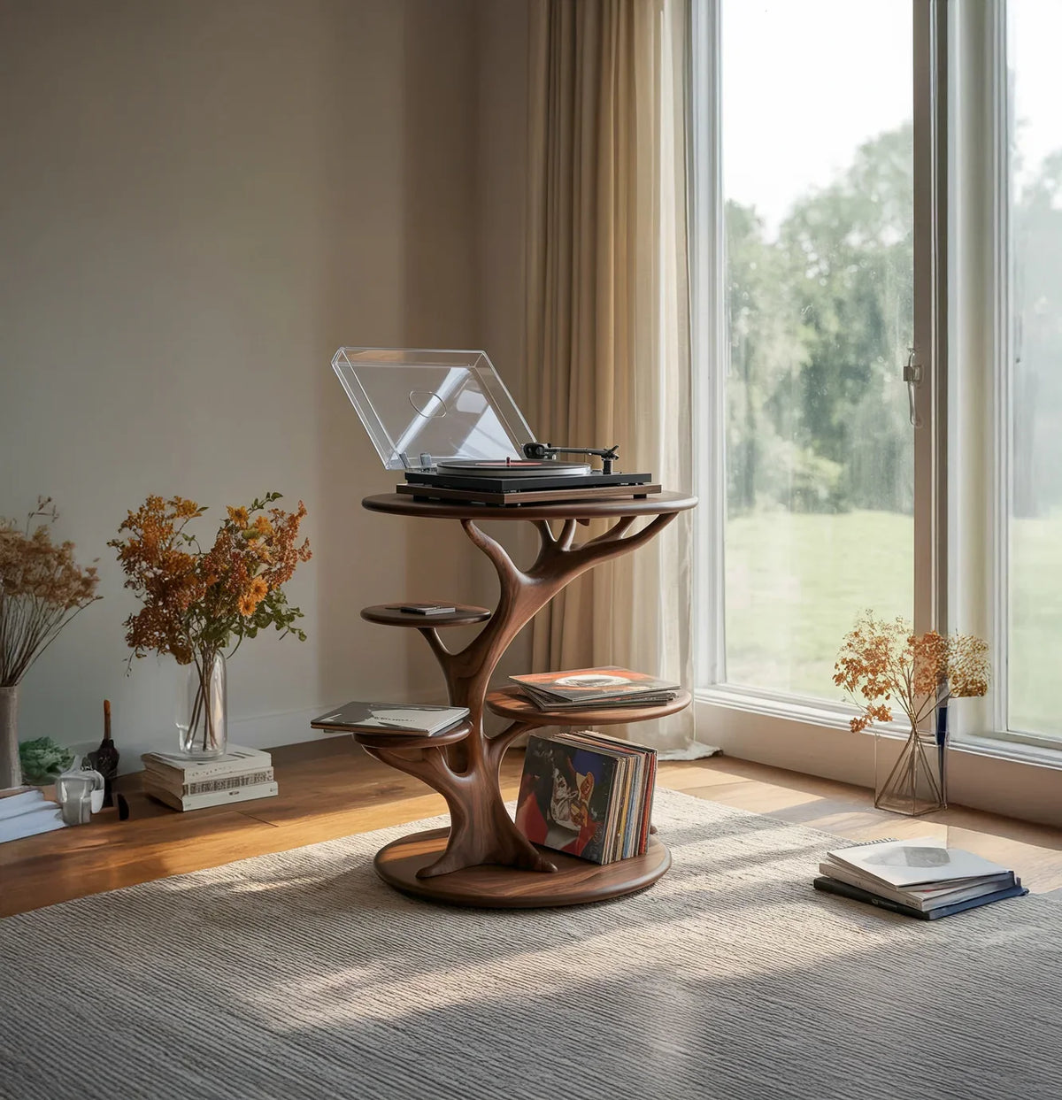 Solid wood tree bookshelf with vinyl storage and record player near sunlit window