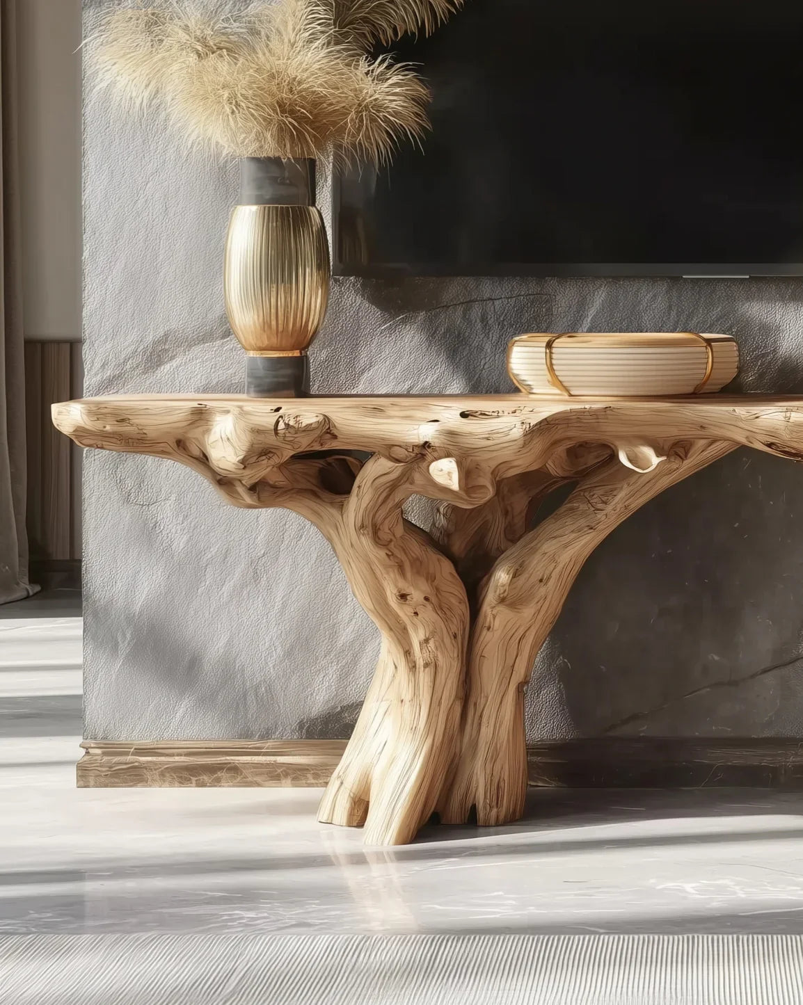 Live edge solid wood console table with natural tree trunk base, styled in modern interior.