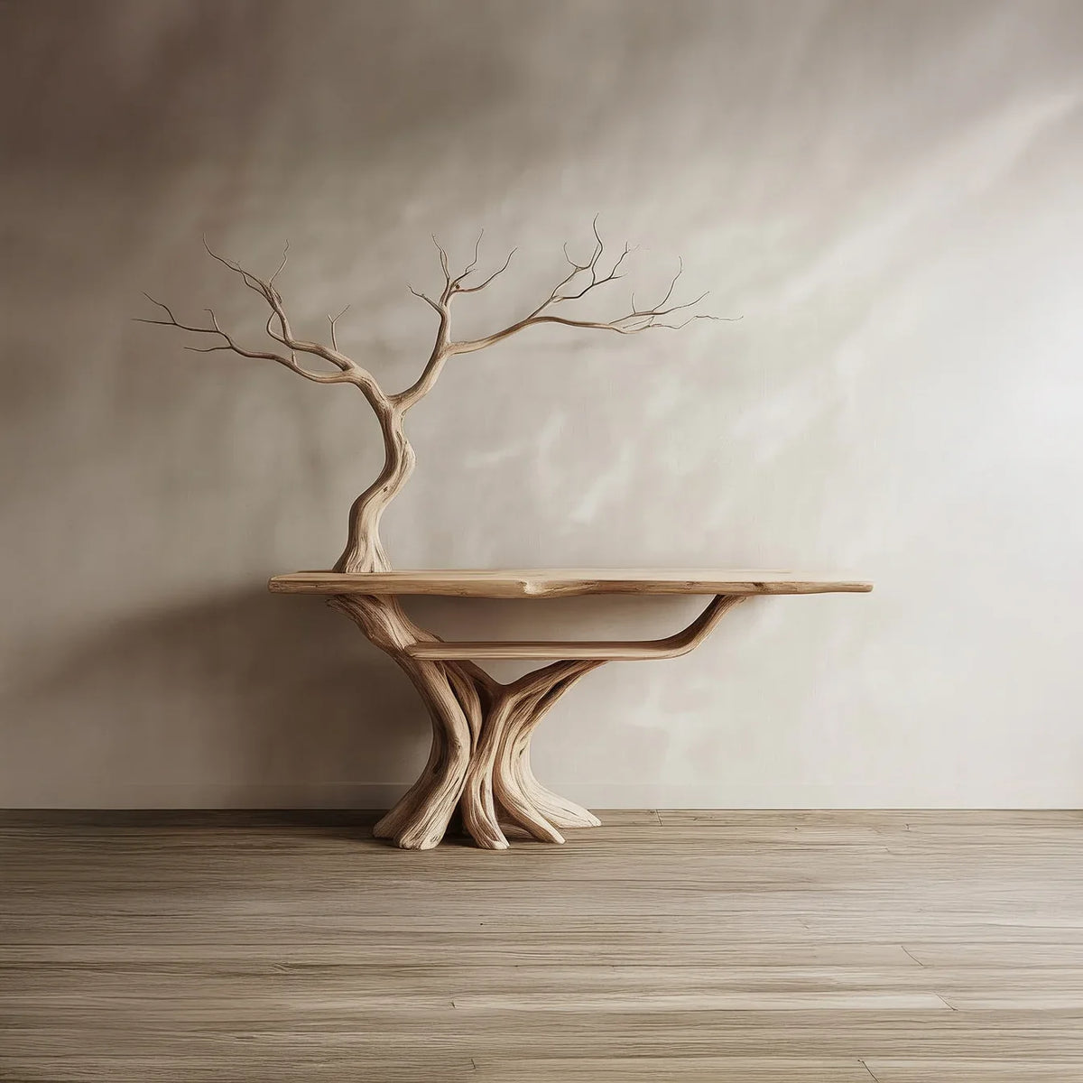Live edge solid wood table with sculpted tree branch base in a minimalist room
