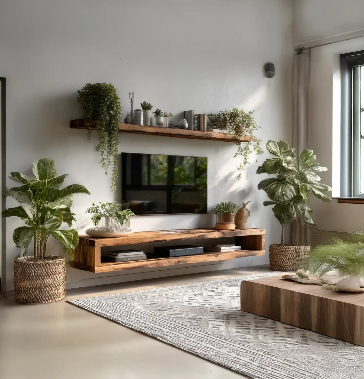 Modern living room with wall-mounted TV, wooden shelves, large green plants, and neutral decor