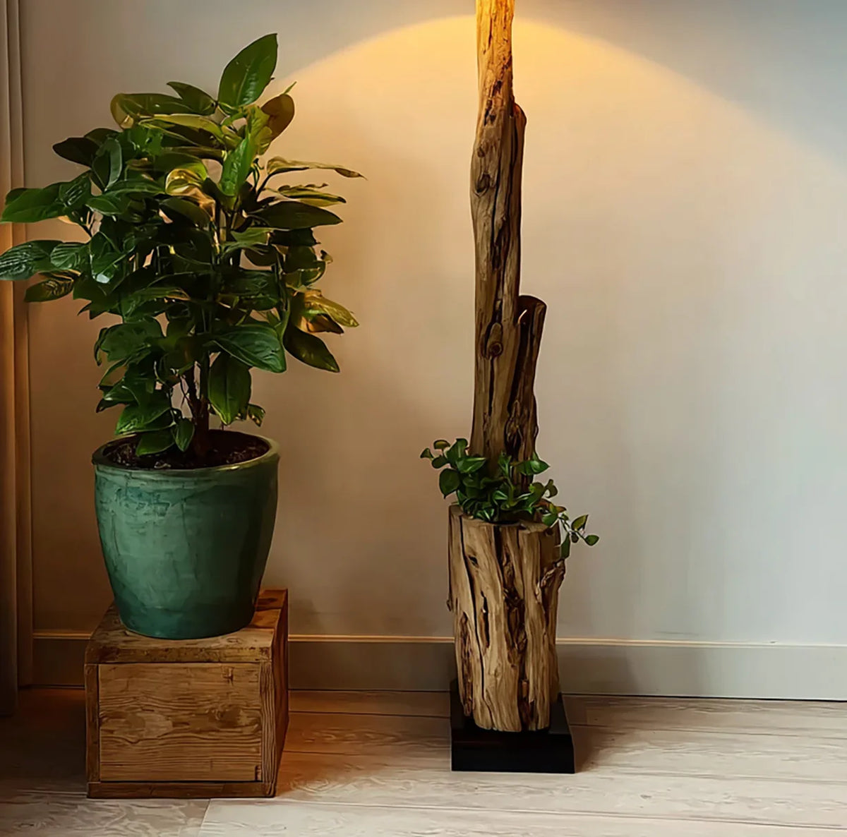 Sustainably crafted wooden floor lamp beside potted plant and wooden crate indoors