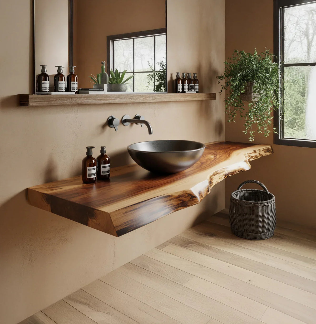Live edge wood floating bathroom vanity with vessel sink, modern faucet, and natural décor