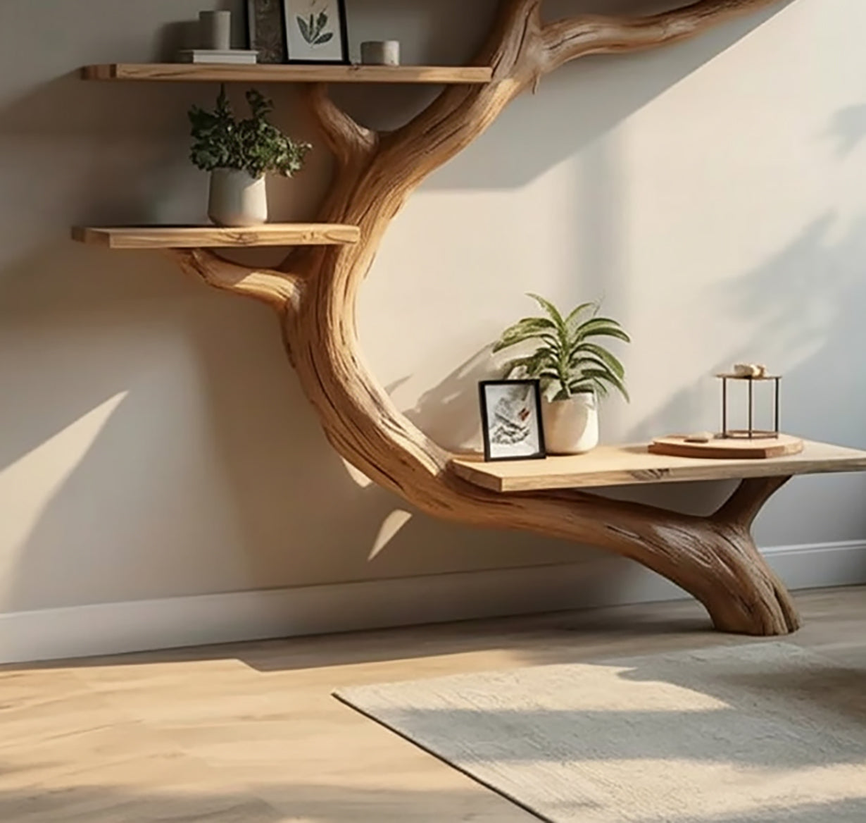 Live edge solid wood tree bookshelf with plants and decor, modern minimalist room