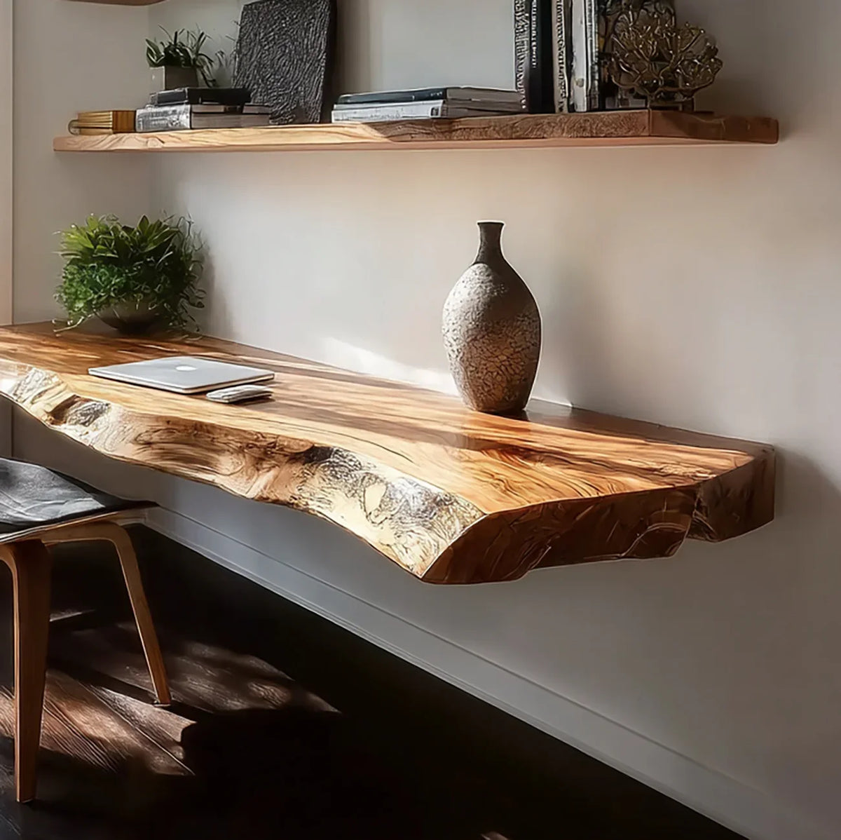 Modern workspace with live edge wooden desk, ceramic vase, laptop, and floating wood shelf with books. live edge vs straight edge floating wood desk comparison wall mounted