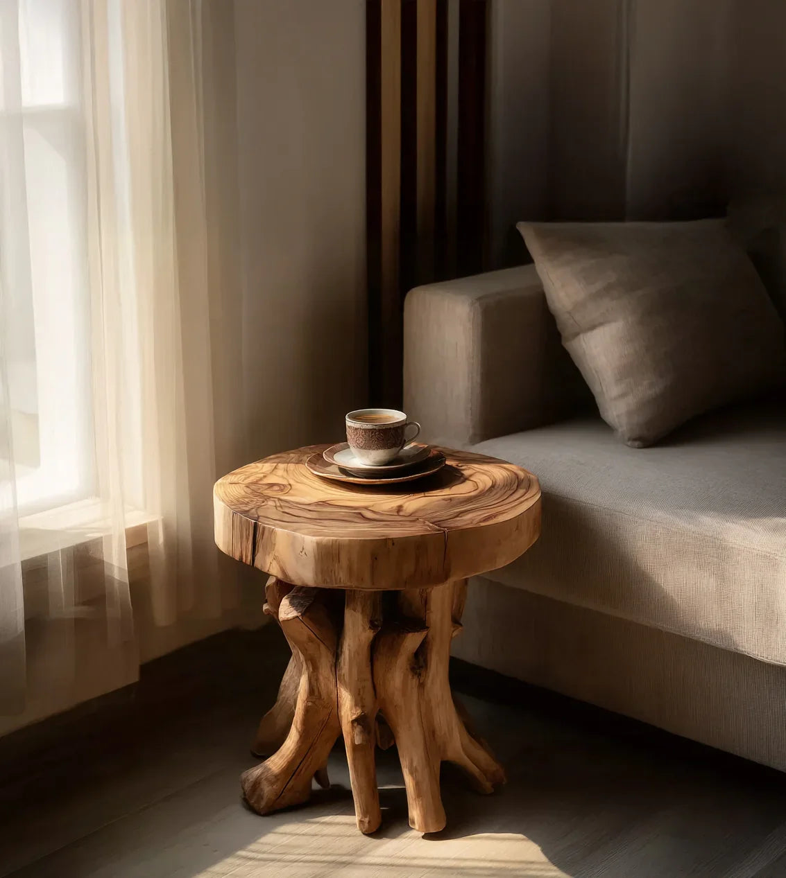 Live edge solid wood side table with organic root base beside a sofa in natural light