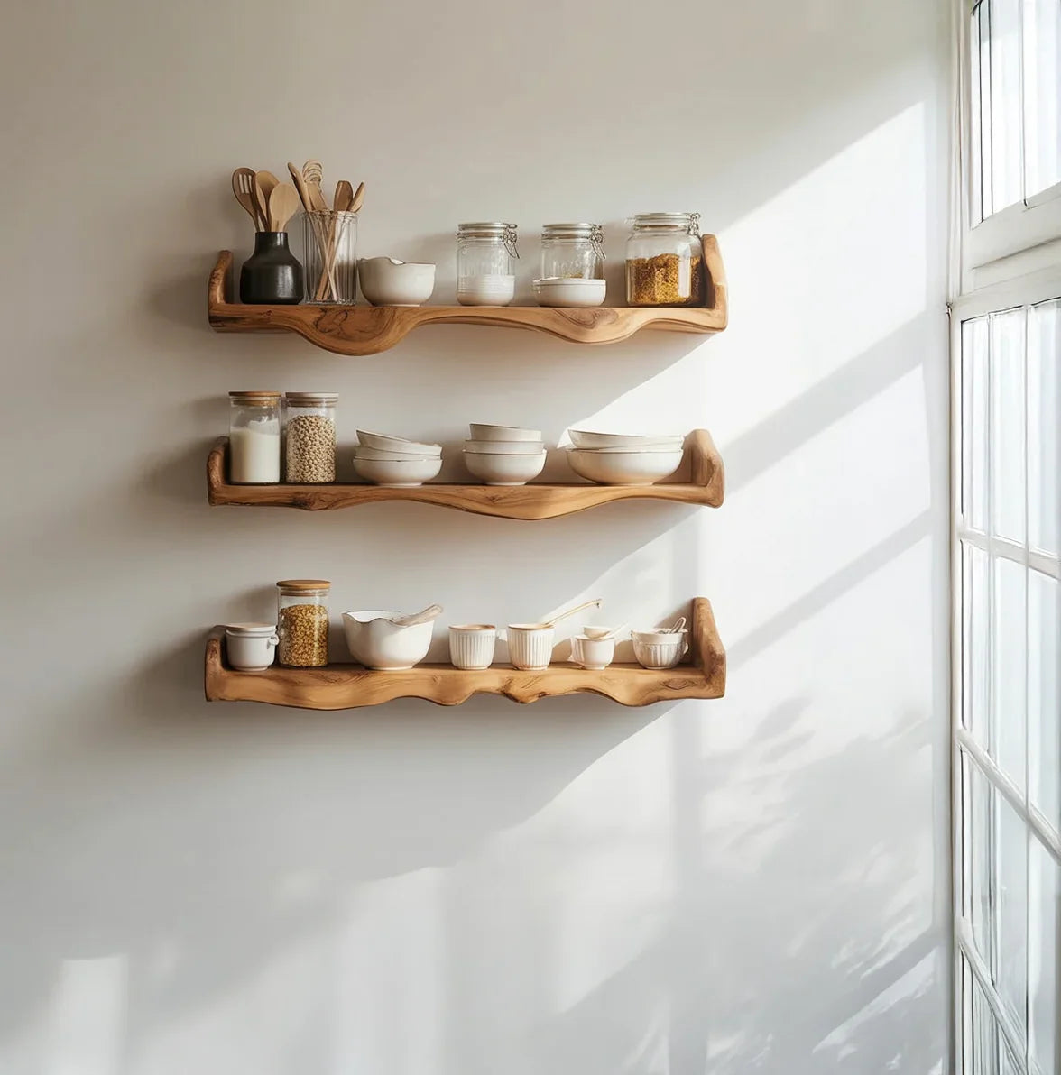 Live edge solid wood floating shelves in kitchen with jars and ceramic bowls