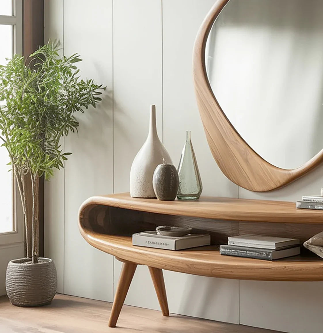 Modern wooden console table with decorative vases, books, and round wood-framed mirror in bright room