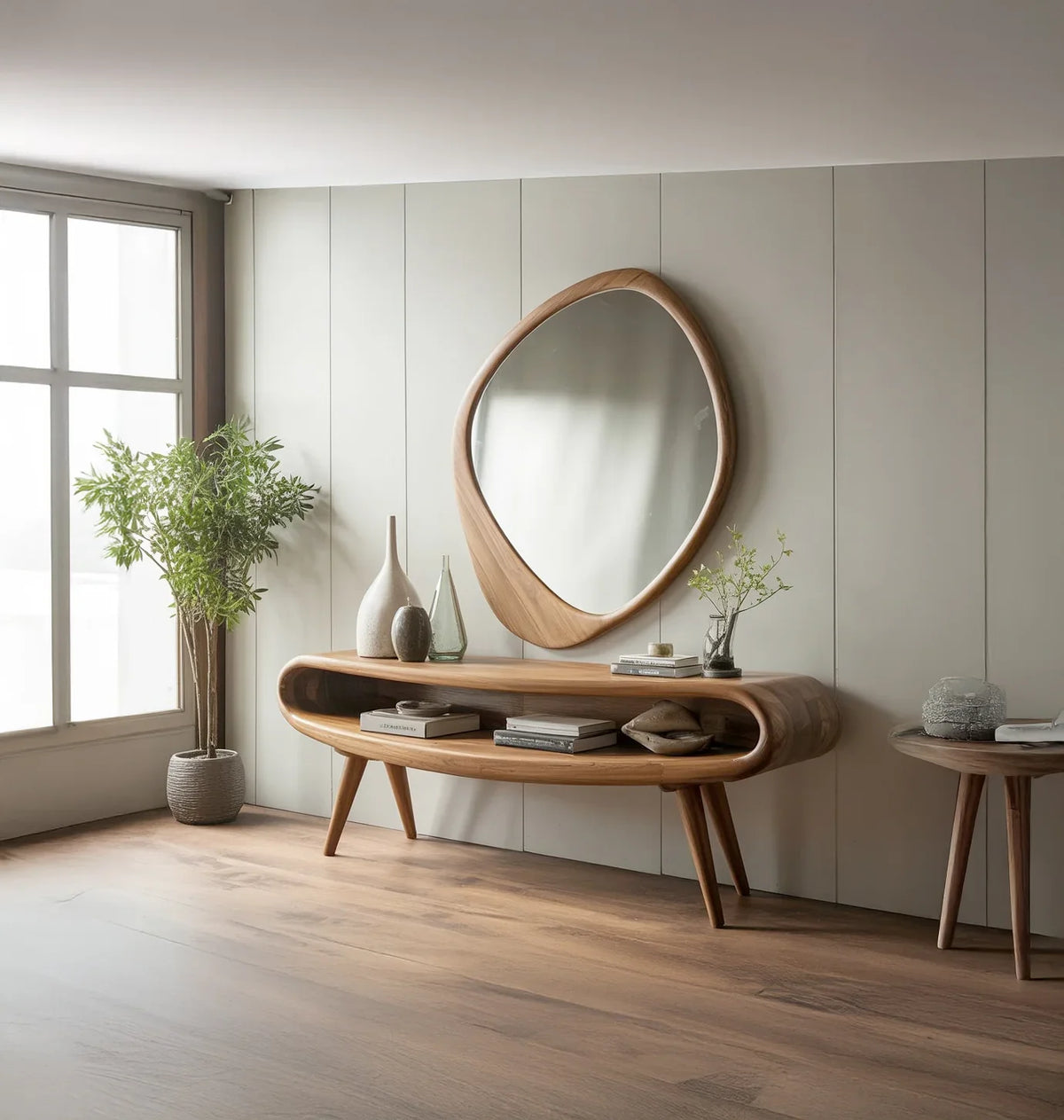 Modern wooden console table with curved design, decorative vases, books, and abstract mirror in bright room