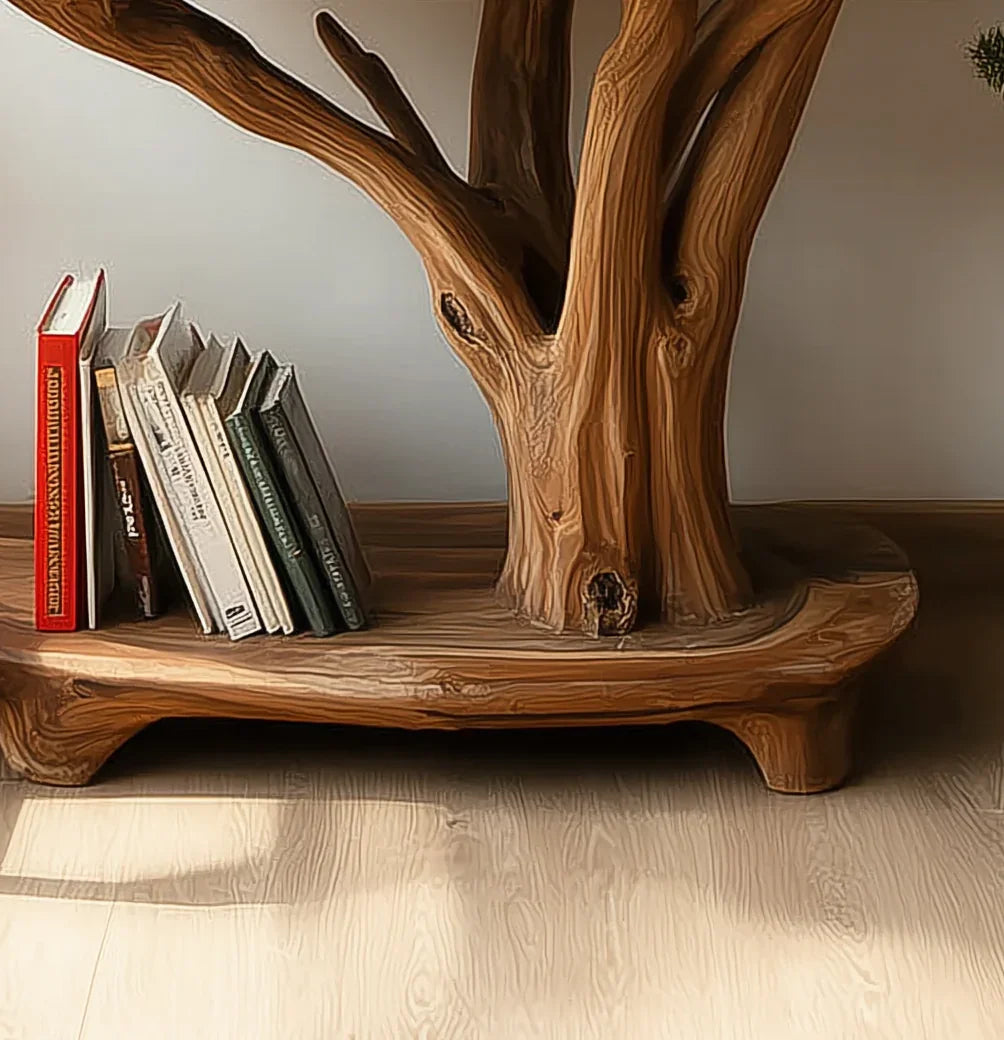 Live edge solid wood tree bookshelf with books on wooden shelf