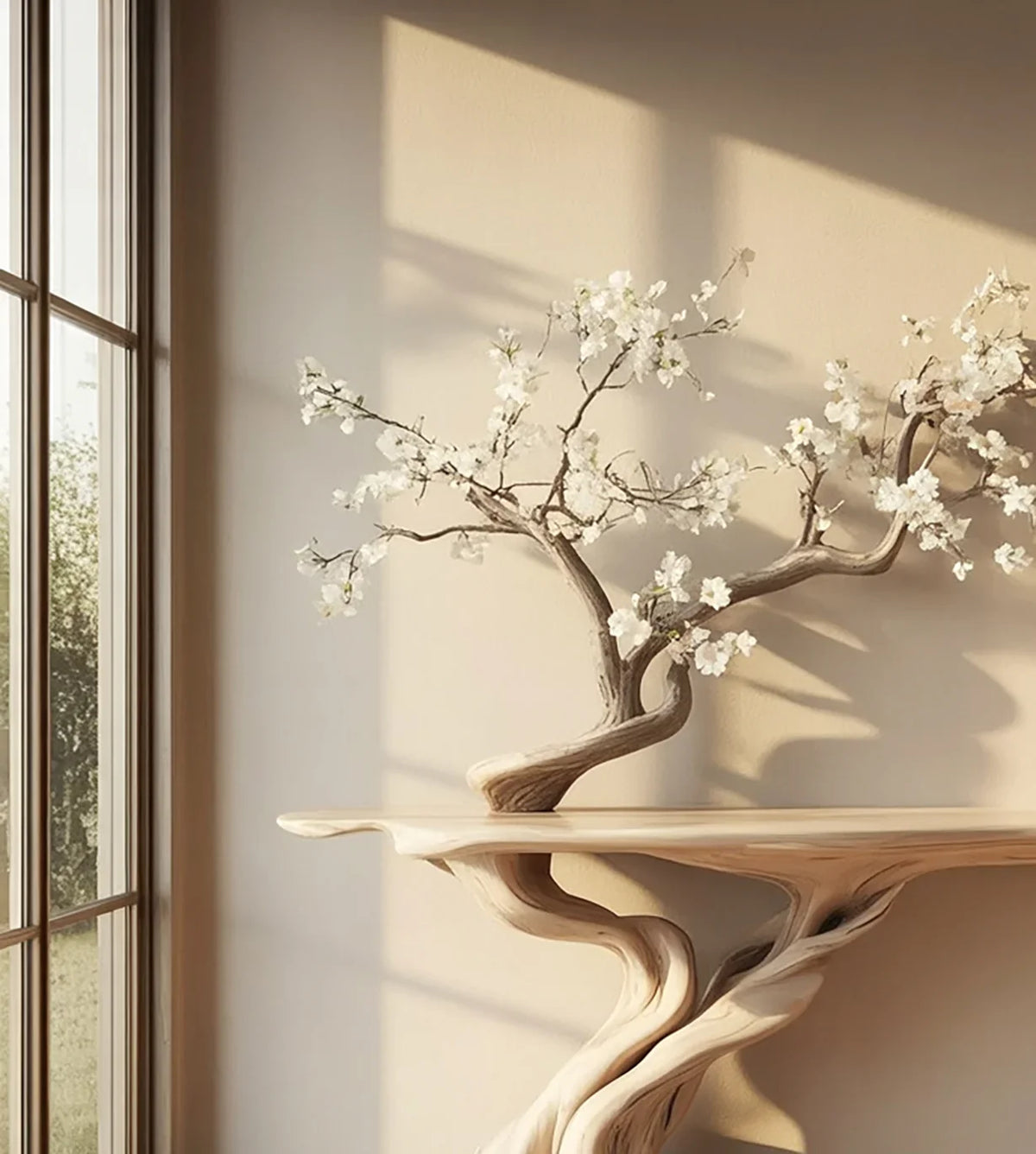 Artistic wooden table with a carved cherry blossom branch design near a sunlit window