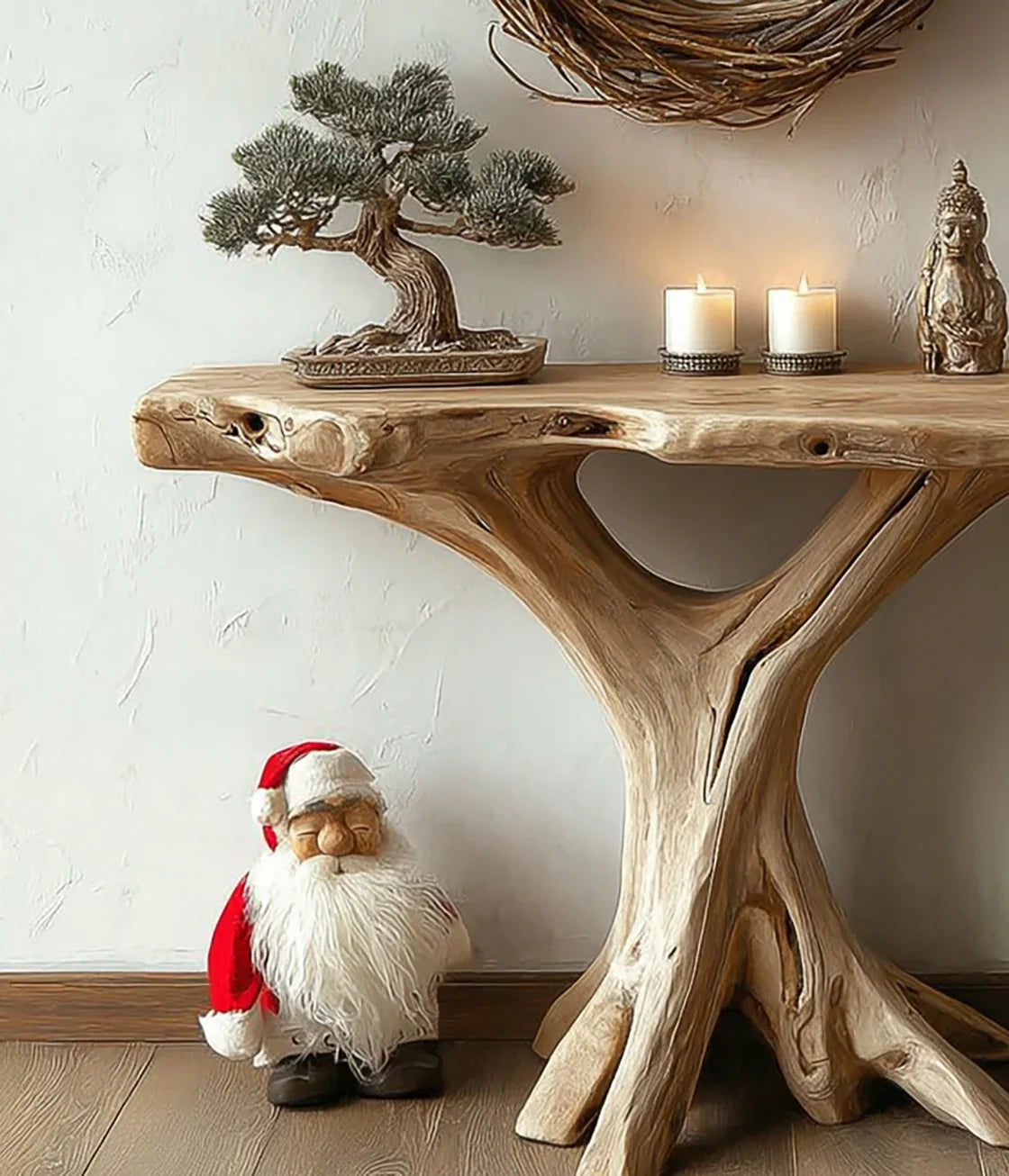 Live edge wood console table with bonsai, candles, statue, and Santa decor in cozy room