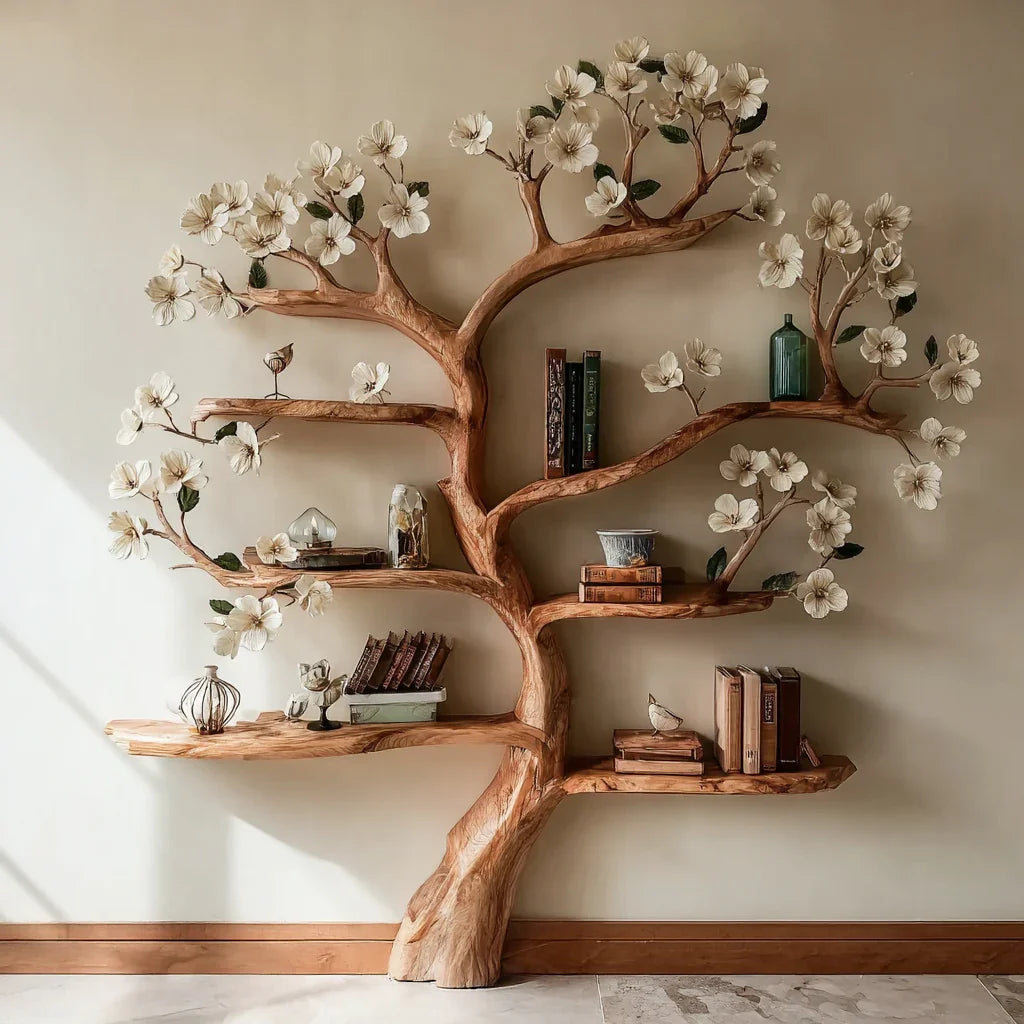 wooden tree-shaped wall shelf with white flower decorations and books in cozy room
