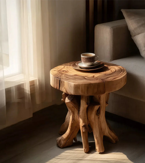 Ashdeco Round End Table – Solid Wood with Tree Trunk Base
