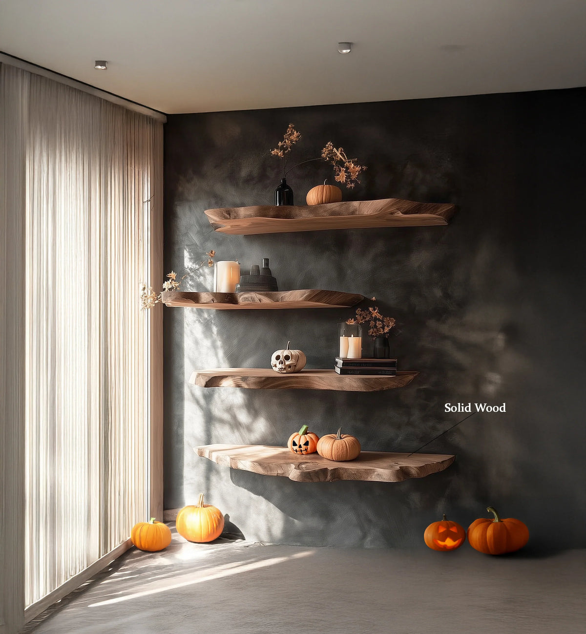 Solid wood floating shelves decorated with pumpkins, candles, and fall foliage against a textured dark wall
