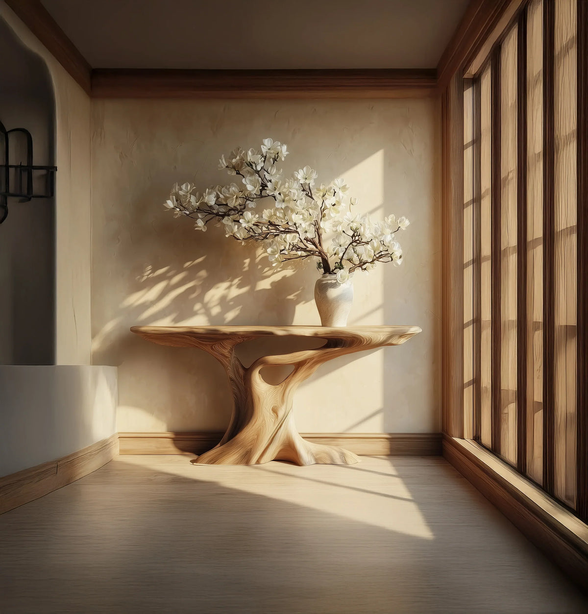 Modern wooden table with floral vase in sunlit minimalist room with large wooden windows